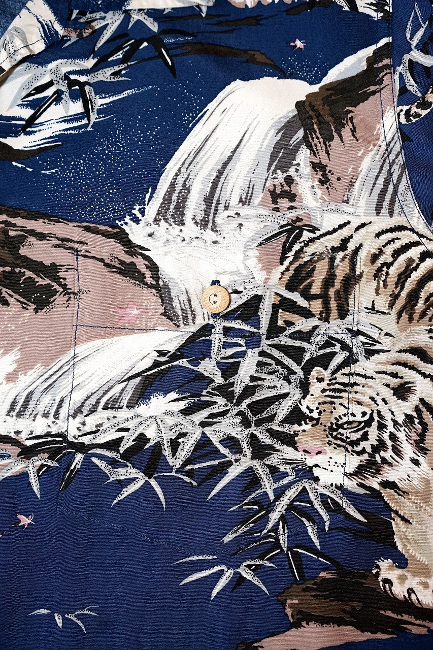DELUXEWARE (デラックスウエア)　長袖ハワイアンシャツ　AL-14L　"DOUBLE.TIGER"　ネイビー