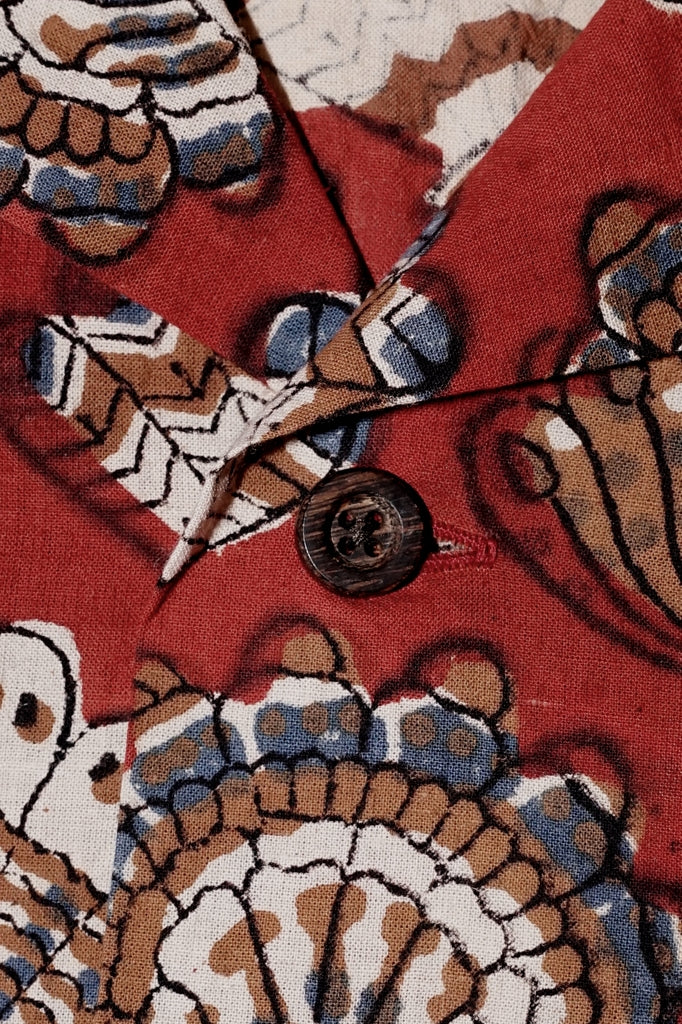 ADJUSTABLE COSTUME (アジャスタブルコスチューム)　長袖オープンカラーシャツ　AS-191　"ORIGINAL BAGRU PRINT OPEN COLLAR SHIRT"　ワイン