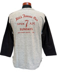 WARE HOUSE (ウエアハウス)　7分袖ベースボールTシャツ　4800　"MAC’S FAMOUS BAR"　杢グレー×スミクロ