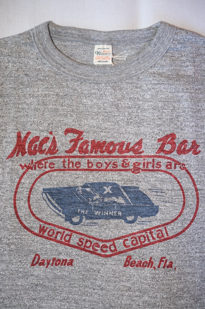 WARE HOUSE (ウエアハウス)　7分袖ベースボールTシャツ　4800　"MAC’S FAMOUS BAR"　杢グレー×スミクロ