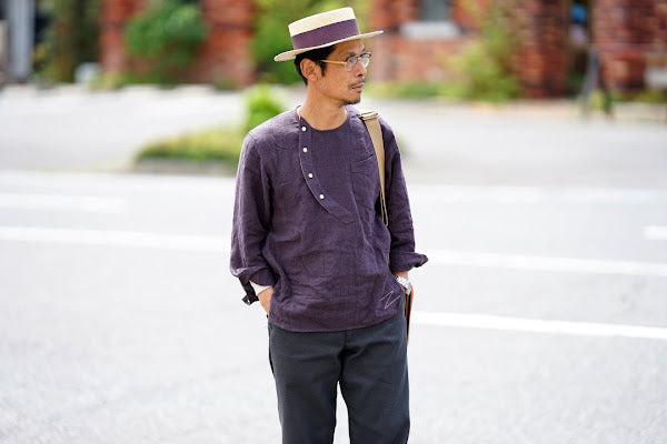 Dapper's (ダッパーズ)　リネン・プルオーバーシャツ　1623　"Round Placket Miners Pullover Shirts"　グレープ