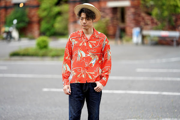 SUN SURF (サンサーフ)　長袖ハワイアンシャツ　SS29205　"SOUTH SEA OUTRIGGER"　レッド