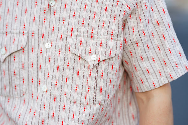 ADJUSTABLE COSTUME (アジャスタブルコスチューム)　半袖オープンカラーシャツ　AS-121　"COTTON DOBBY STRIPE S/S OPEN SHIRT"　ベージュ