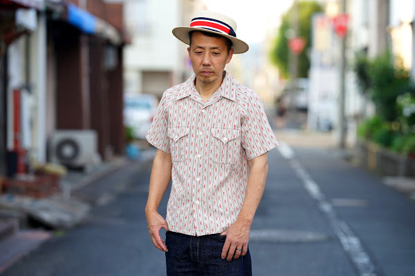 ADJUSTABLE COSTUME (アジャスタブルコスチューム)　半袖オープンカラーシャツ　AS-121　"COTTON DOBBY STRIPE S/S OPEN SHIRT"　ベージュ