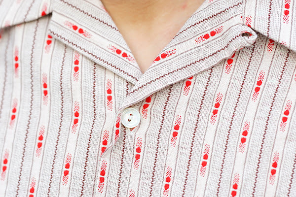 ADJUSTABLE COSTUME (アジャスタブルコスチューム)　半袖オープンカラーシャツ　AS-121　"COTTON DOBBY STRIPE S/S OPEN SHIRT"　ベージュ