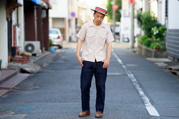 ADJUSTABLE COSTUME (アジャスタブルコスチューム)　半袖オープンカラーシャツ　AS-121　"COTTON DOBBY STRIPE S/S OPEN SHIRT"　ベージュ