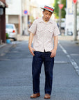 ADJUSTABLE COSTUME (アジャスタブルコスチューム)　半袖オープンカラーシャツ　AS-121　"COTTON DOBBY STRIPE S/S OPEN SHIRT"　ベージュ