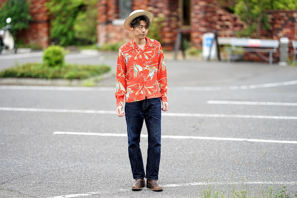 SUN SURF (サンサーフ)　長袖ハワイアンシャツ　SS29205　"SOUTH SEA OUTRIGGER"　レッド