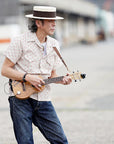 ADJUSTABLE COSTUME (アジャスタブルコスチューム)　半袖オープンカラーシャツ　AS-121　"COTTON DOBBY STRIPE S/S OPEN SHIRT"　ベージュ