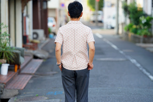 ADJUSTABLE COSTUME (アジャスタブルコスチューム)　半袖オープンカラーシャツ　AS-121　"COTTON DOBBY STRIPE S/S OPEN SHIRT"　ベージュ