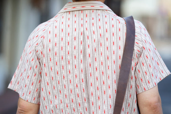 ADJUSTABLE COSTUME (アジャスタブルコスチューム)　半袖オープンカラーシャツ　AS-121　"COTTON DOBBY STRIPE S/S OPEN SHIRT"　ベージュ