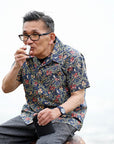 ADJUSTABLE COSTUME (アジャスタブルコスチューム)　半袖オープンカラーシャツ　AS-137　"BEST OF MORRIS IRIS PRINT OPEN SHIRT"　ブルー