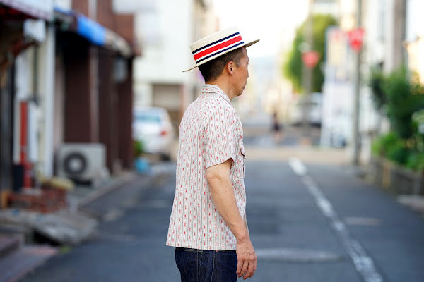 ADJUSTABLE COSTUME (アジャスタブルコスチューム)　半袖オープンカラーシャツ　AS-121　"COTTON DOBBY STRIPE S/S OPEN SHIRT"　ベージュ