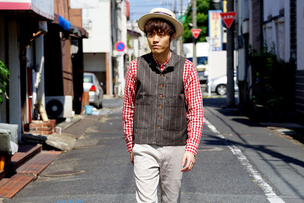 Dapper's (ダッパーズ)　クラシカルベスト　1614　"Classical Stand Collar Vest"　ブラウン・コバートストライプ