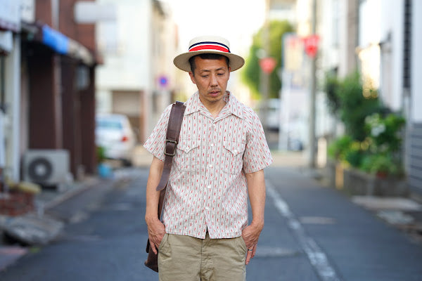 ADJUSTABLE COSTUME (アジャスタブルコスチューム)　半袖オープンカラーシャツ　AS-121　"COTTON DOBBY STRIPE S/S OPEN SHIRT"　ベージュ