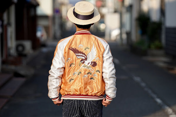 TAILOR TOYO (テーラー東洋)　リバーシブル・アセテートスカジャン　TT15682　ブラック "WHITE DRAGON" × オレンジ "EAGLE"