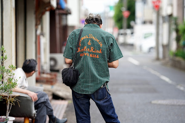 SUGAR CANE (シュガーケーン)　半袖ワークシャツ　SC39305　"COKE STRIPE WORK SHIRT with EMBROIDERED"　グリーン