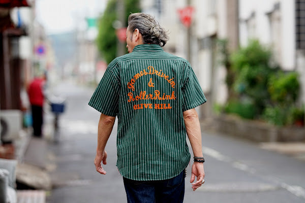 SUGAR CANE (シュガーケーン)　半袖ワークシャツ　SC39305　"COKE STRIPE WORK SHIRT with EMBROIDERED"　グリーン