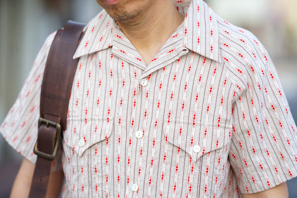 ADJUSTABLE COSTUME (アジャスタブルコスチューム)　半袖オープンカラーシャツ　AS-121　"COTTON DOBBY STRIPE S/S OPEN SHIRT"　ベージュ