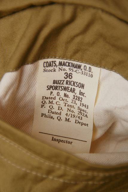 BUZZ RICKSON'S (バズリクソンズ)　ジープコート　BR14674　"COATS, MACKINAW, O.D. / Type M-1943"　オリーブ