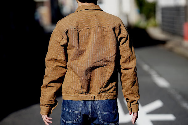WARE HOUSE (ウエアハウス)　ブラウンダックジャケット　2214　"1880 HEAVY LEATHER BOUND BLOUSE"　ダックストライプ・ワンウォッシュ
